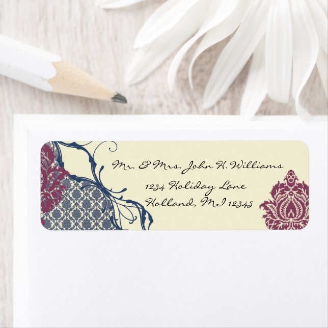 Navy & Berry Berry Elegant Damask Peacock Wedding Label (Insitu)