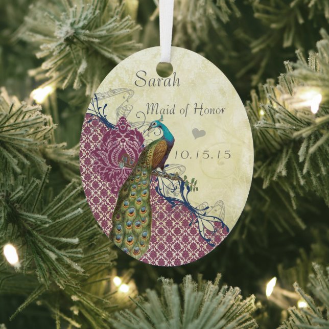 Navy & Berry Berry Elegant Damask Peacock Wedding Metal Ornament (Insitu)