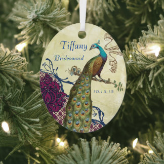 Navy & Berry Berry Elegant Damask Peacock Wedding Metal Ornament