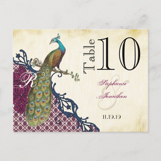 Navy & Berry Berry Elegant Damask Peacock Wedding Postcard (Front)