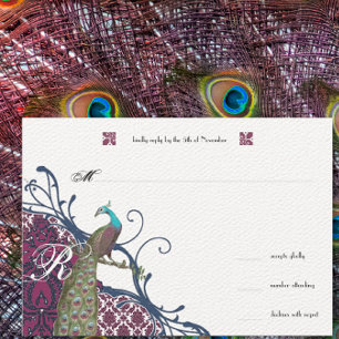 Navy & Berry Berry Elegant Damask Peacock Wedding RSVP Card
