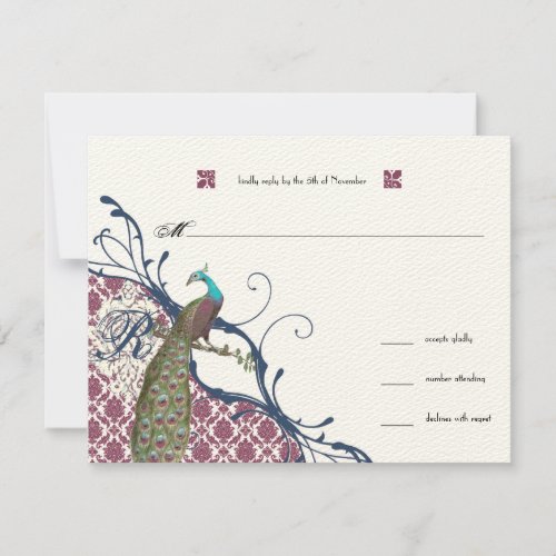 Navy  Berry Berry Elegant Damask Peacock Wedding RSVP Card