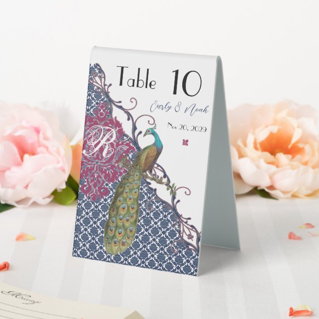 Navy & Berry Berry Elegant Damask Peacock Wedding Table Tent (In SItu (Wedding))