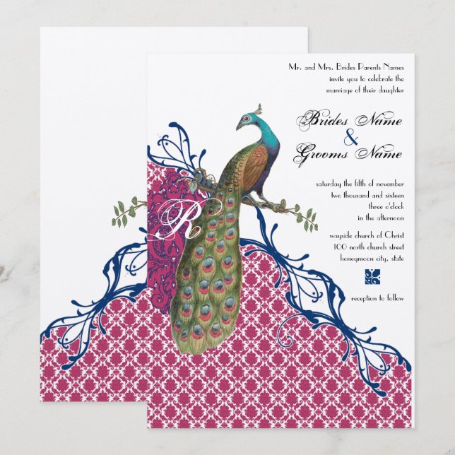 Navy & Berry Berry Monogram Damask Peacock Wedding Invitation (Front/Back)