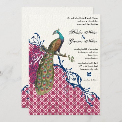 Navy  Berry Berry Monogram Damask Peacock Wedding Invitation