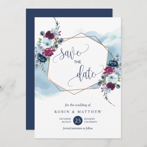 Navy Berry Burgundy and Blue Floral Wedding Save The Date