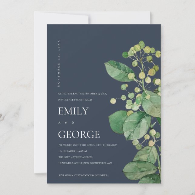 NAVY BERRY LEAF FOLIAGE WE TIED THE KNOT INVITE (Front)