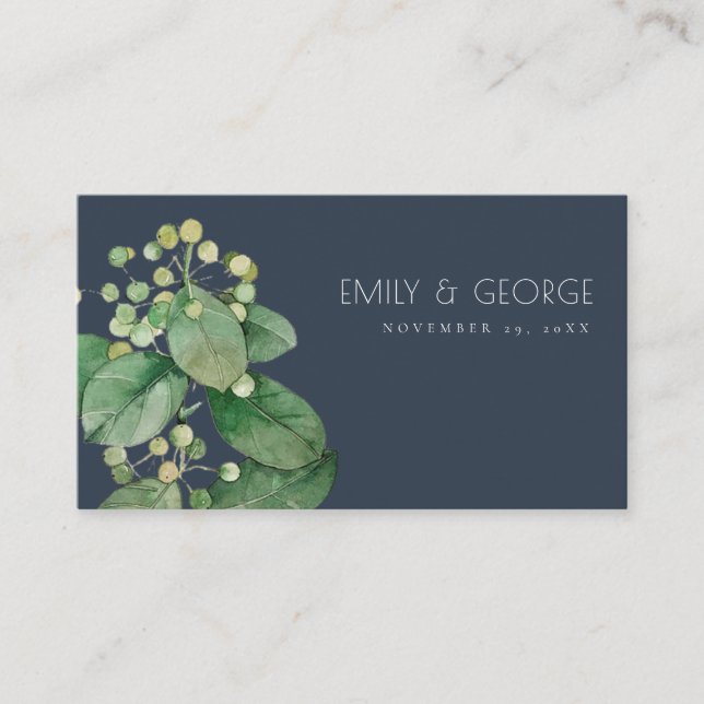 NAVY BERRY LEAFY FOLIAGE GREENERY WEDDING WEBSITE BUSINESS CARD (Front)
