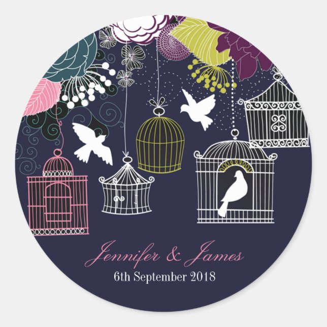 Navy birdcage bird cage doves wedding favor favors classic round sticker (Front)