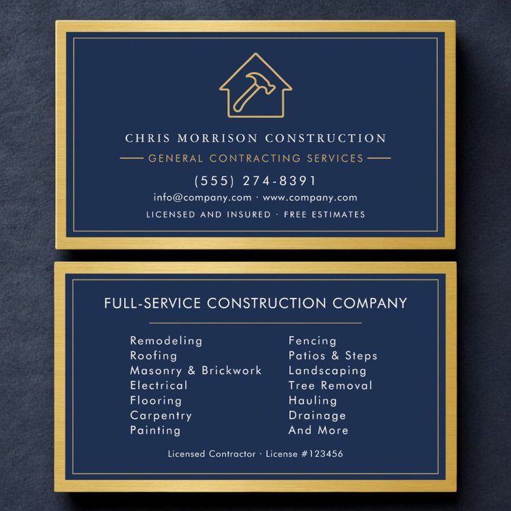 Navy Biue Industrial General Contractor Gold Business Card
