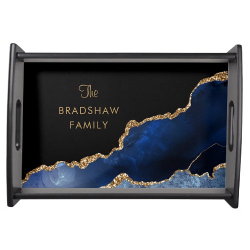 Navy Black Agate Geode Gold Glitter Family Name Serving Tray