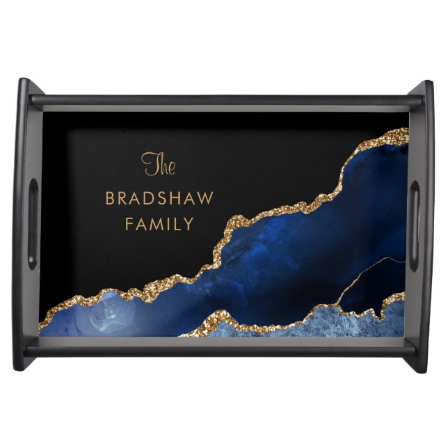 Navy Black Agate Geode Gold Glitter Family Name Serving Tray (Front)