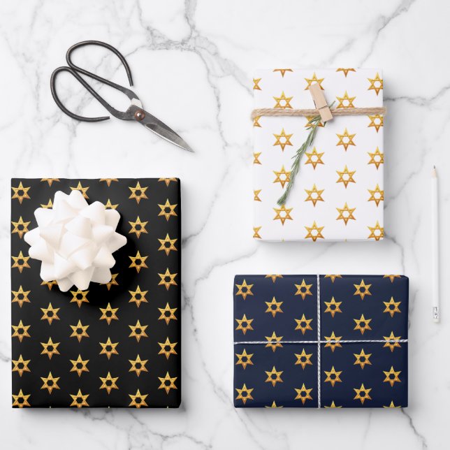 Navy Black And White Hanukkah Golden David Star Wrapping Paper Sheets (Front)