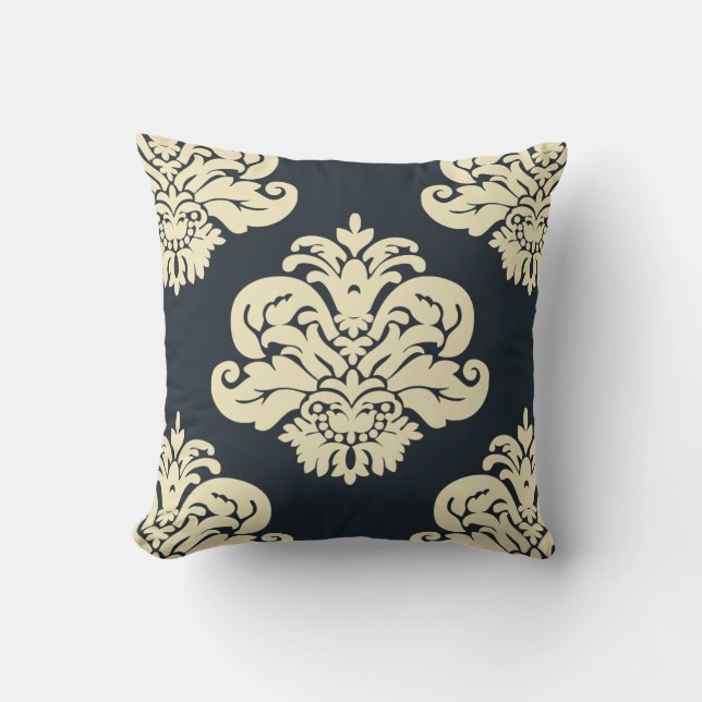 Navy Black Cream Damask Throw Pillow (Front)