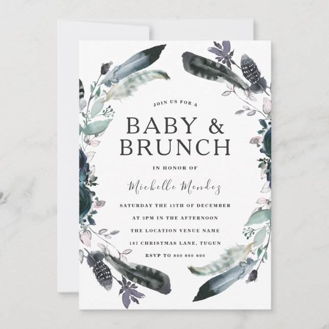Navy Black Gray Wreath Baby & Brunch Baby Shower Invitation (Front)