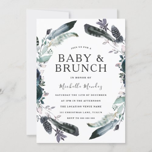 Navy Black Gray Wreath Baby  Brunch Baby Shower Invitation