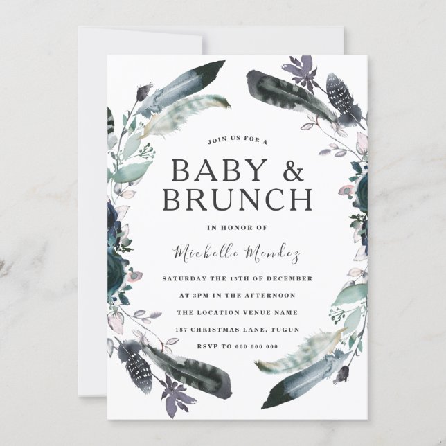 Navy Black Gray Wreath Baby & Brunch Baby Shower Invitation (Front)