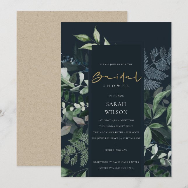 Navy Black Green Leafy Fauna Bridal Shower Invite (Front/Back)