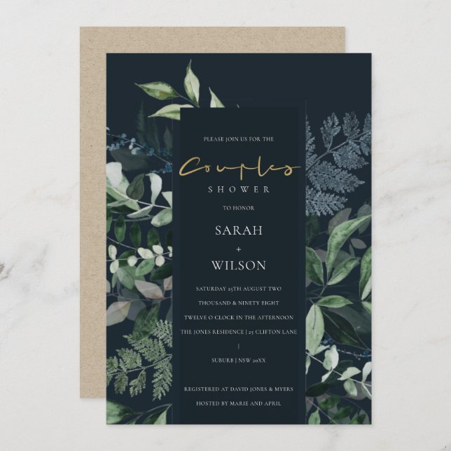 Navy Black Green Leafy Fauna Couples Shower Invite (Front/Back)
