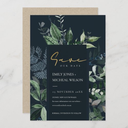 Navy Black Green Leafy Fauna Save The Date Invite