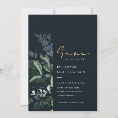 Navy Black Green Leafy Fauna Save The Date Invite