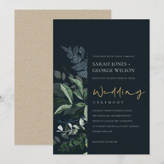 Navy Black Green Leafy Foliage Wedding Invite (Front/Back)