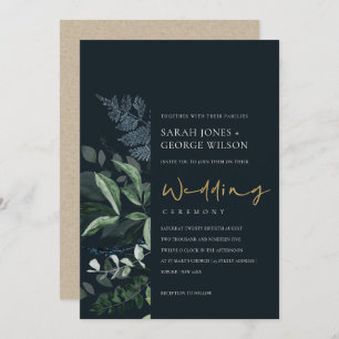 Navy Black Green Leafy Foliage Wedding Invite