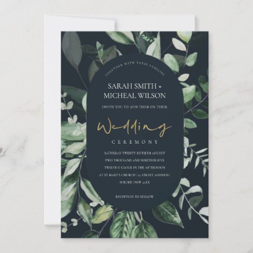 Navy Black Green Leafy Foliage Wedding Invite