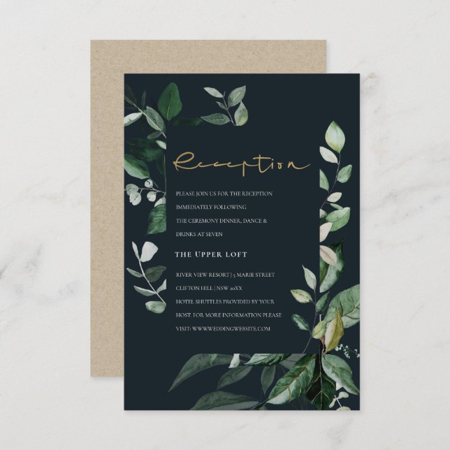 Navy Black Green Leafy Foliage Wedding Reception E Enclosure Card (Front/Back)