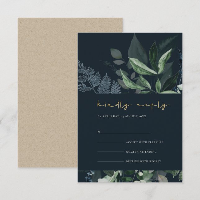 Navy Black Green Leafy Foliage Wedding Rsvp Enclosure Card (Front/Back)