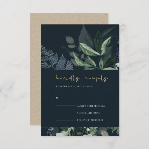 Navy Black Green Leafy Foliage Wedding Rsvp Enclosure Card