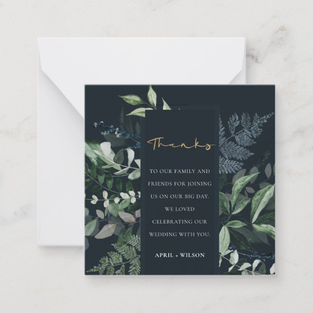 Navy Black Green Leafy Tropical Foliage Thank You Note Card (Front)