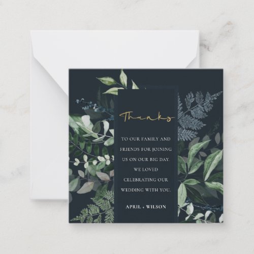 Navy Black Green Leafy Tropical Foliage Thank You Note Card
