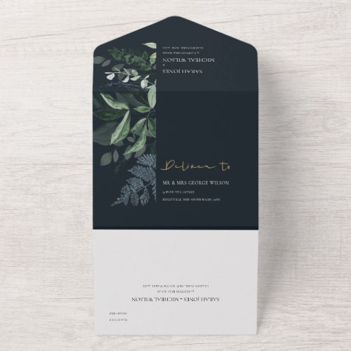 Navy Black Green Leafy Tropical Foliage Wedding Al All In One Invitation