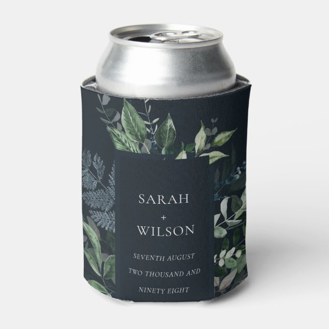 Navy Black Green Leafy Tropical Foliage Wedding Can Cooler (Can Front)