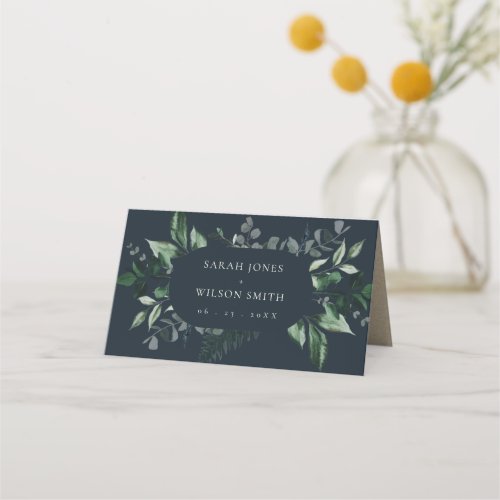 Navy Black Green Leafy Tropical Foliage Wedding Place Card