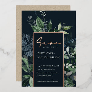 Navy Black Kraft Green Leafy Fauna Save The Date Foil Invitation
