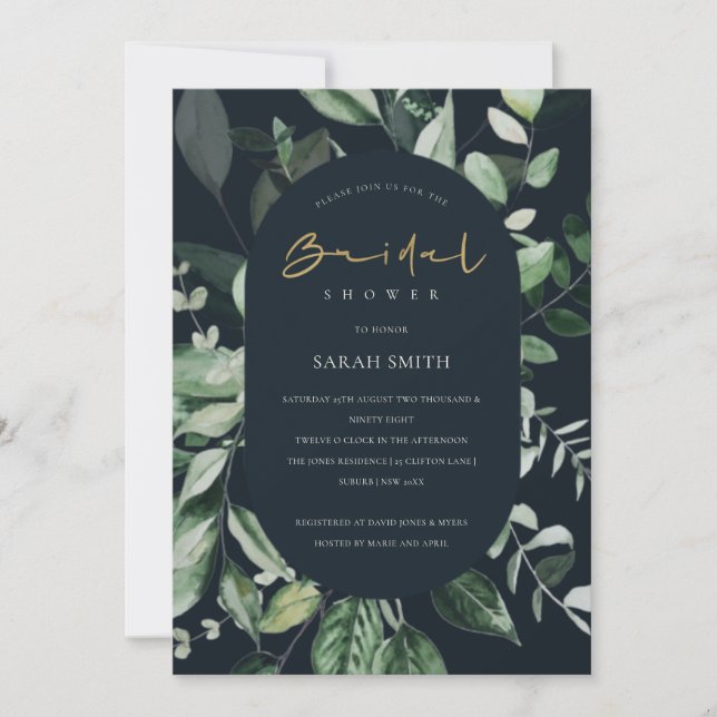 Navy Black Leafy Capsule Bridal Shower Invite (Front)