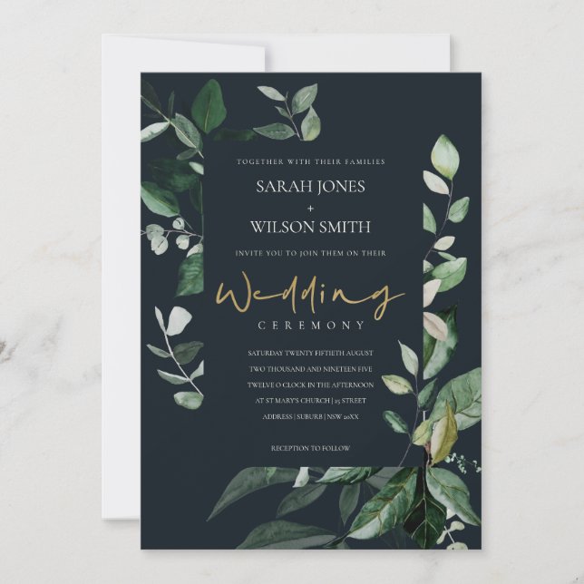 Navy Black Leafy Capsule Foliage Wedding Invite (Front)