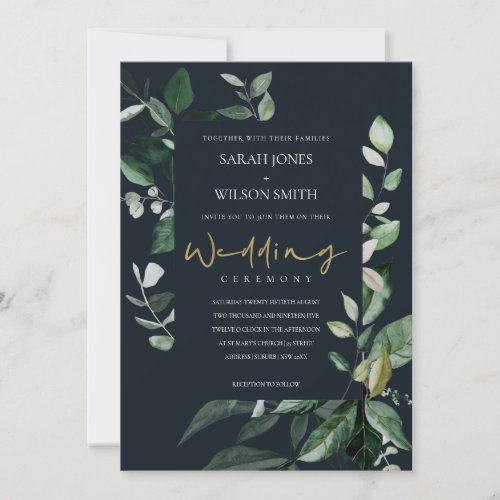 Navy Black Leafy Capsule Foliage Wedding Invite