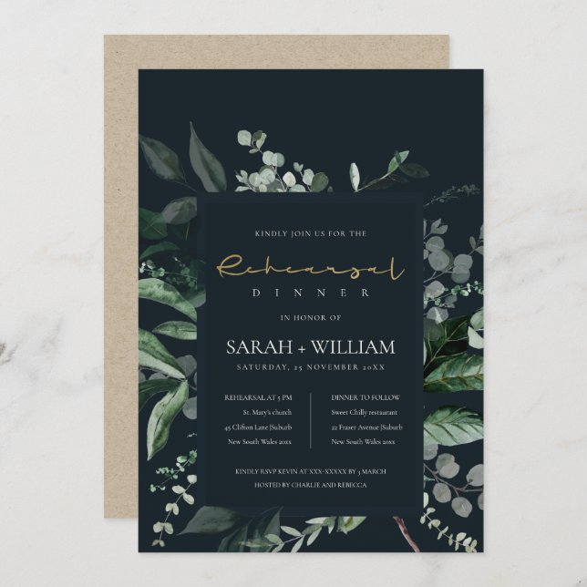 Navy Black Leafy Fauna Rehearsal Dinner Invite (Front/Back)