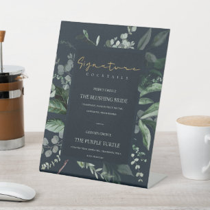 Navy Black Leafy Foliage Signature Drinks Cocktail Pedestal Sign