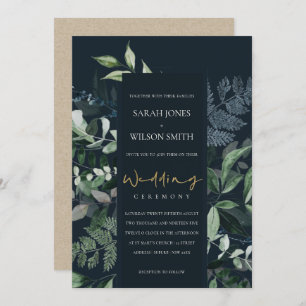 Navy Black Leafy Tropical Foliage Wedding Invite