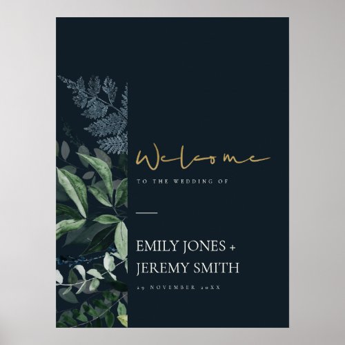 Navy Black Leafy Tropical Foliage Wedding Welcome Poster