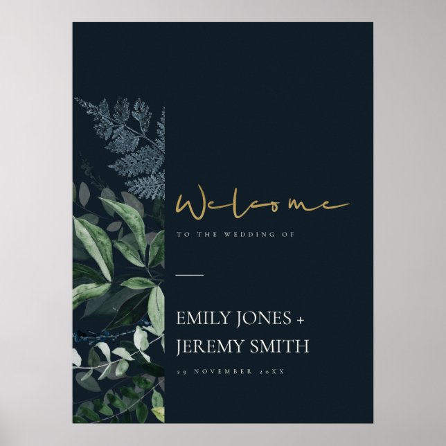 Navy Black Leafy Tropical Foliage Wedding Welcome Poster (Front)