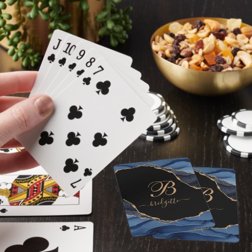 Navy Black Personalized Agate geode Monogram Poker Cards