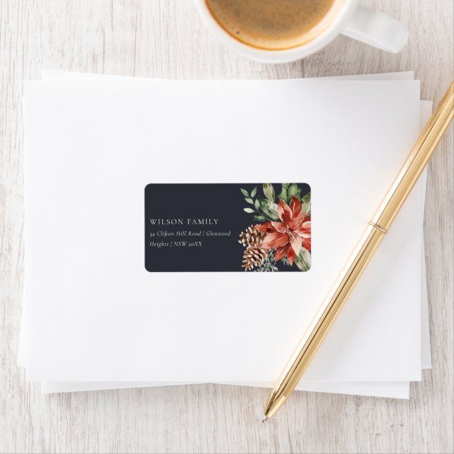 Navy Black Poinsettia Bunch Christmas Pine Address Label (Insitu)