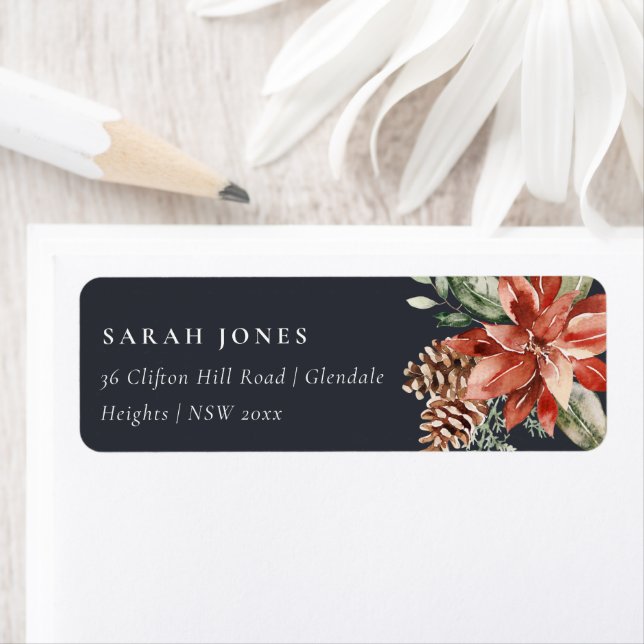 Navy Black Poinsettia Merry Christmas Pine Address Label (Insitu)