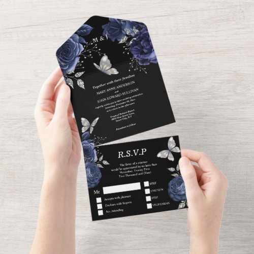 Navy black silver glam butterfly rose floral chic all in one invitation