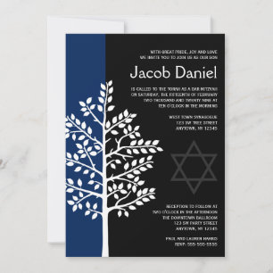 Navy Black Tree of Life Bar Mitzvah Invitations